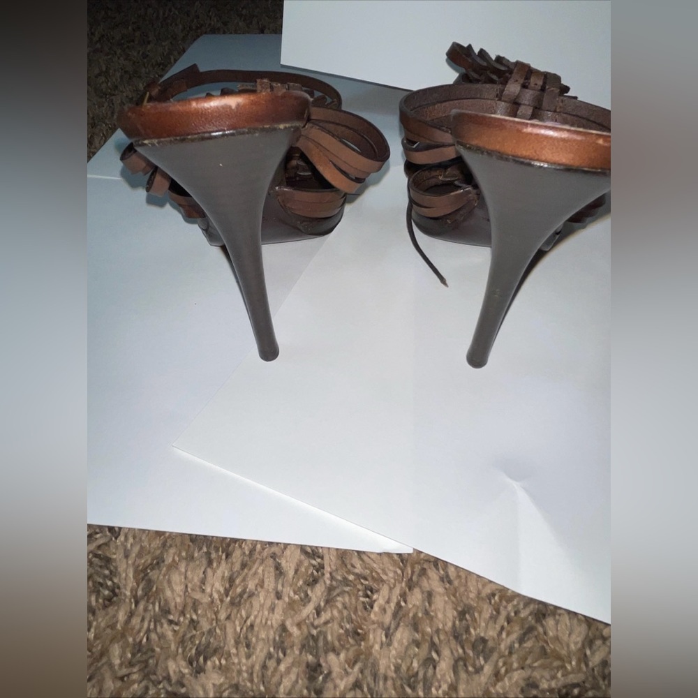 RALPH LAUREN COLLECTION PURPLE LABEL BROWN LEATHER HEELS ANKLE STRAP 7.5 ITALY - Picture 9 of 16